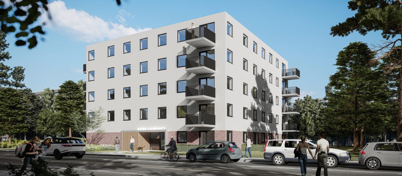 Impressie nieuwbouw Noorderkroon Brunssum – modern vijflaags appartementengebouw met witte gevel, straatzijde met uitkragende balkons, bomen en passerend verkeer