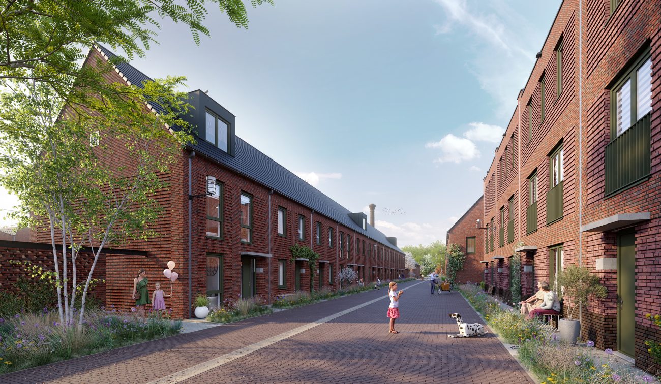 Impressie van rijtjeswoningen in het nieuwbouwproject Land van Anna in Goirle, met spelende kinderen in een groene en kindvriendelijke straat.