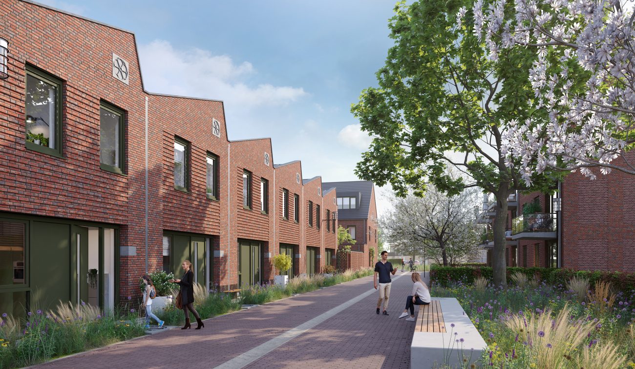 Impressie van de rijtjeswoningen in het nieuwbouwproject Land van Anna in Goirle, met groene voortuinen en een rustige woonstraat.