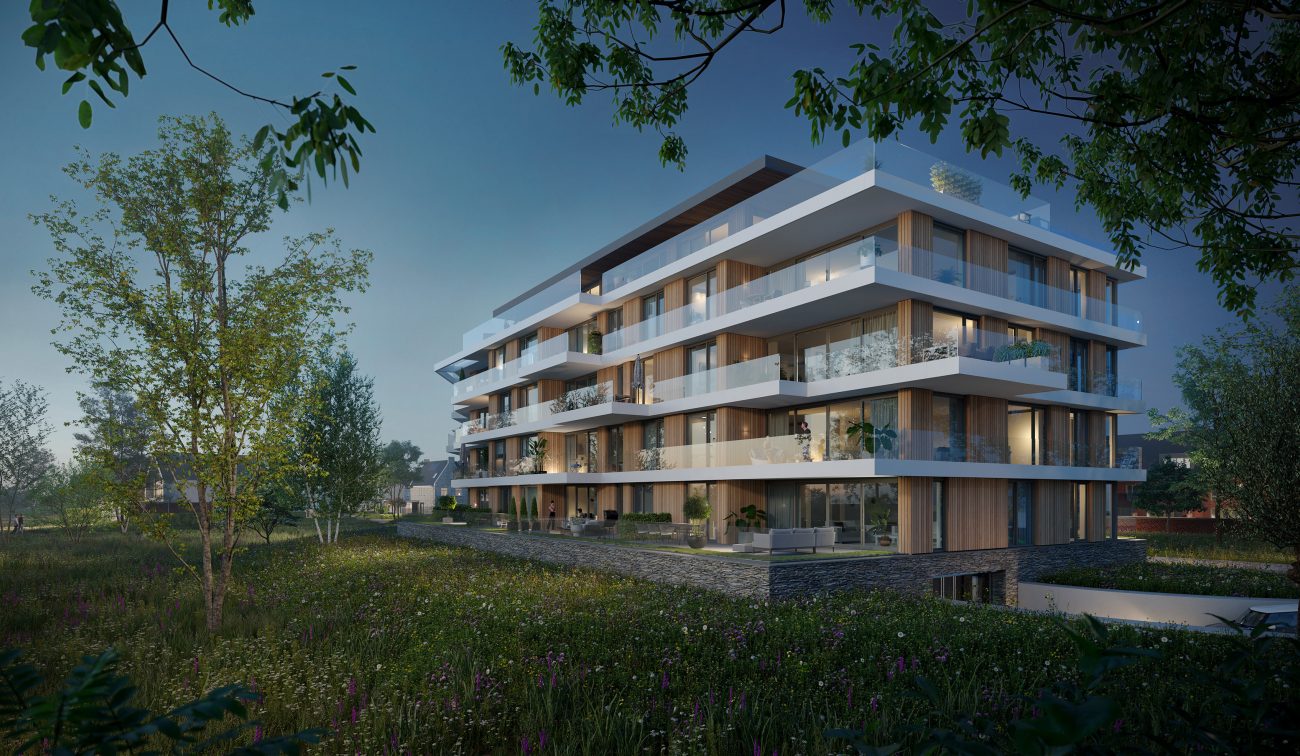 Nachtimpressie van de nieuwbouwappartementen in Land van Anna in Goirle, met warme verlichting en zicht op de moderne gevels.