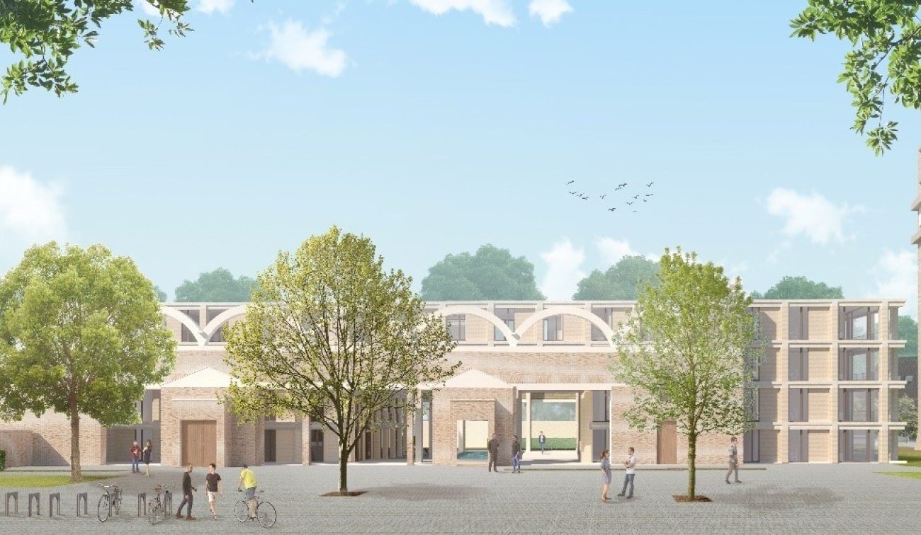 Impressie van de nieuwbouwappartementen bij de Gerarduskerk in Gemert, waarin de historische kerk en het moderne wooncomplex samenkomen.