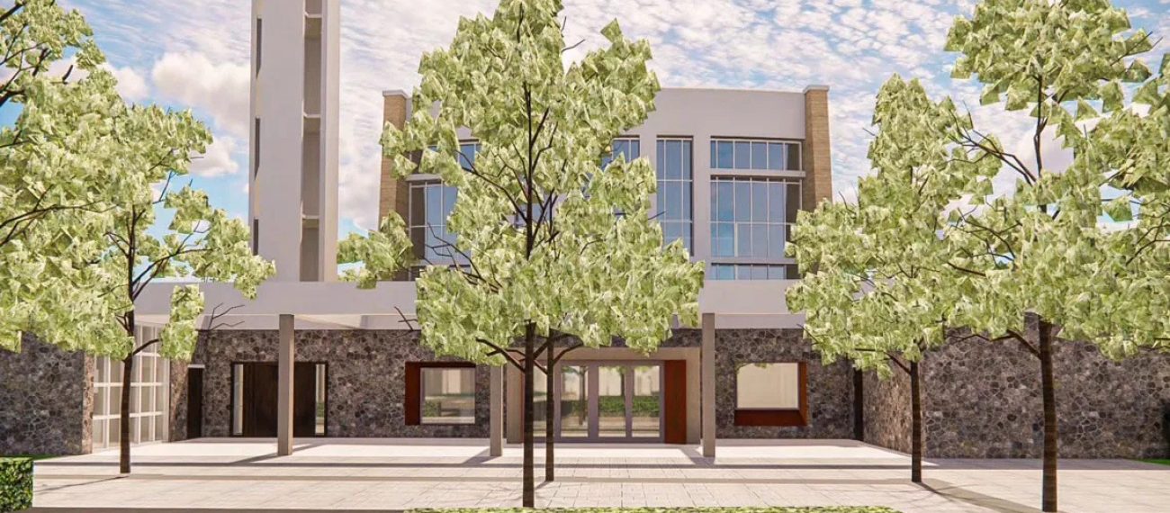 Impressie van transformatie van kerk naar multifunctioneel centrum met moderne gevel en plein.