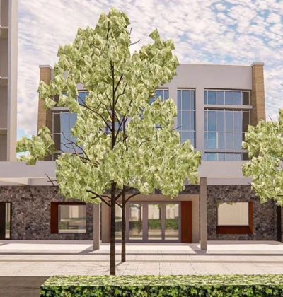 Impressie van transformatie van kerk naar multifunctioneel centrum met moderne gevel en plein.
