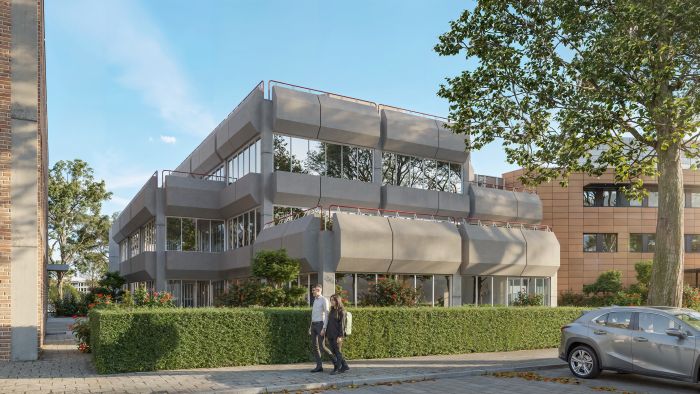Transformatie CZ-kantoor Sittard – Impressie modernisering met afgeronde betonnen geveldelen, veel glas en groen