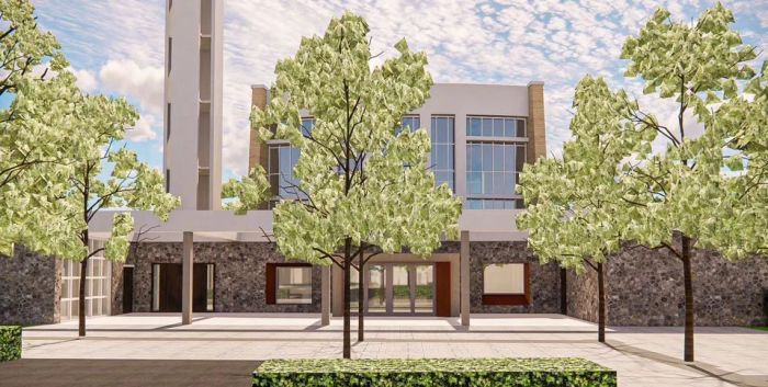 Impressie van transformatie van kerk naar multifunctioneel centrum met moderne gevel en plein.