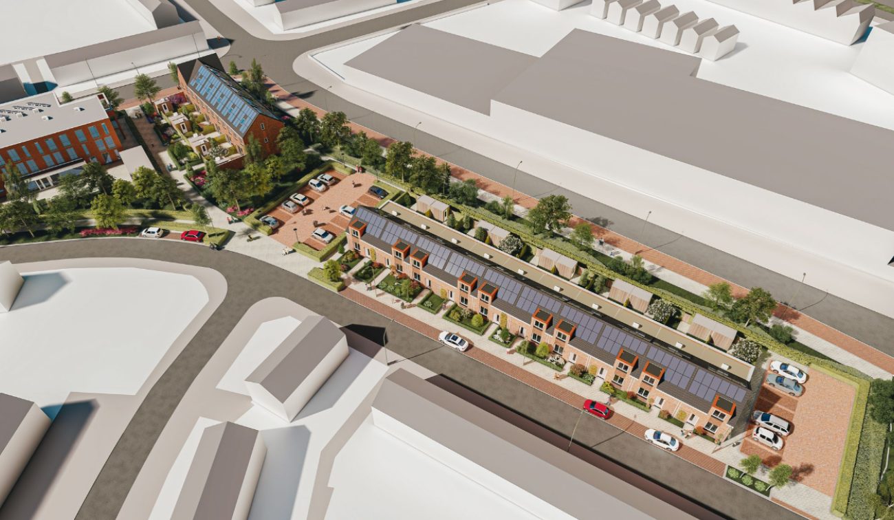Emmalaan Roermond – vogelvluchtimpressie van rijwoningen met zonnepanelen, parkeervakken en groene strook tussen twee straten