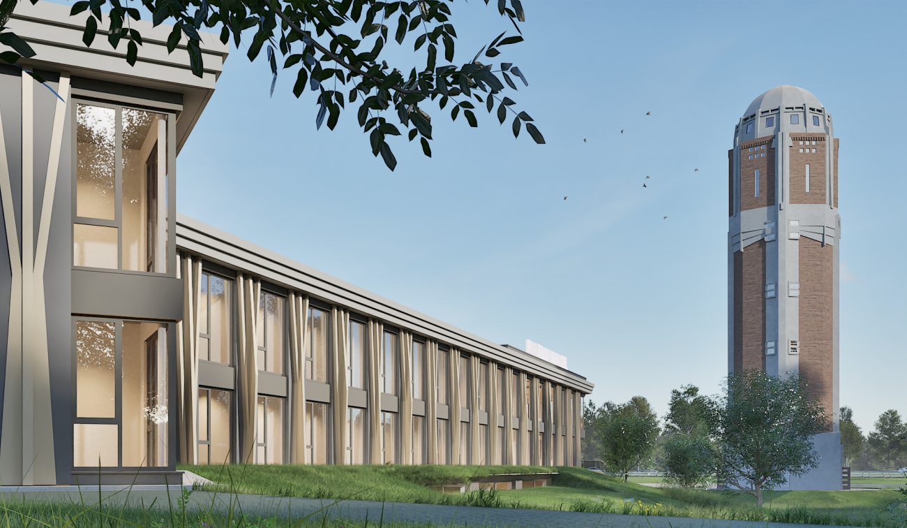 Impressie Postillion Hotel Breda-Biesbosch – gevelopname met slanke ‘boomstam’-kolommen en naastgelegen iconische watertoren.