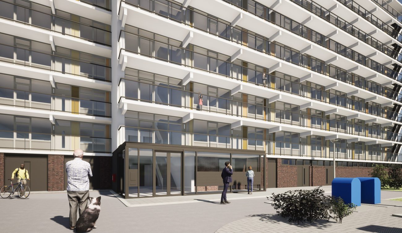 Impressie vernieuwde gevel met doorlopende balkons en veel glas bij entreepaviljoen — Groot onderhoud Albert Schweitzer Brunssum