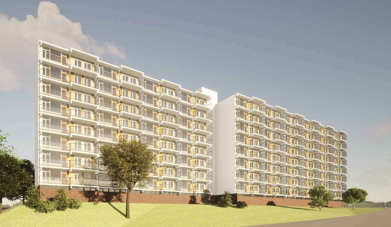 Impressie vernieuwde flat Albert Schweitzer met lange gevel, ritmische balkons en glas — Groot onderhoud Albert Schweitzer Brunssum