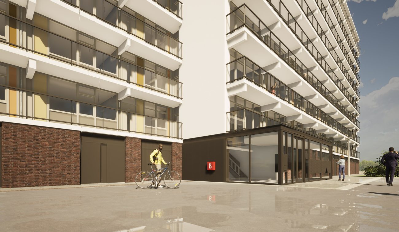 Entreepaviljoen met glas aan voet van flat met doorlopende balkons — Groot onderhoud Albert Schweitzer Brunssum (impressie)