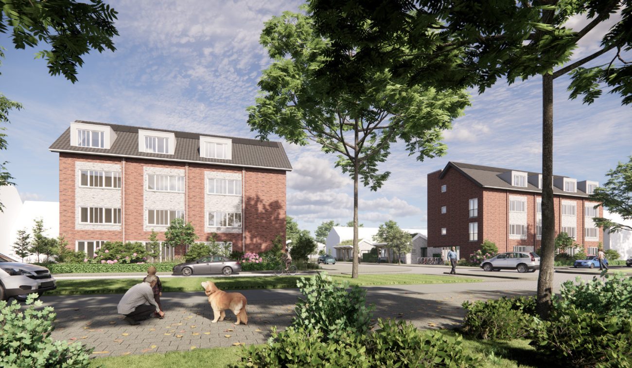 Impressie van de zijkant van het nieuwbouwproject Voetnoodt met het appartementencomplex en naastgelegen bungalows in een groene omgeving