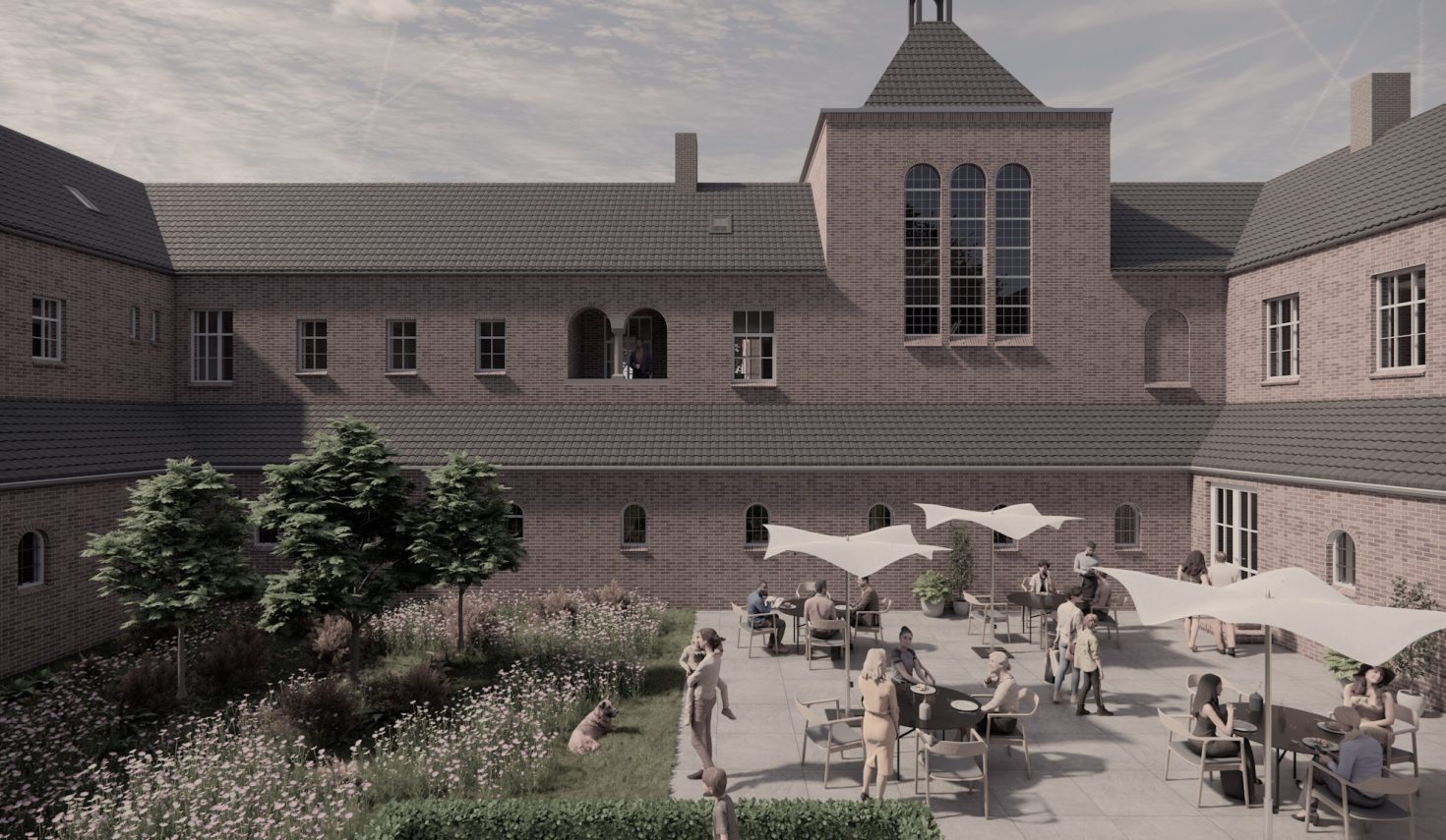 Impressie Transformatie Clarissenklooster Eindhoven – Hotel Clara met kloostertuin, terras met parasols en bakstenen gevels
