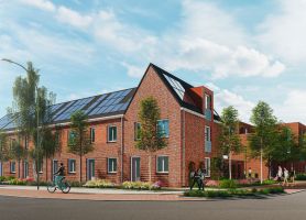 Emmalaan Roermond – impressie van hoekblok rijwoningen in rood baksteen met zonnepanelen en dakkapellen, groene straat met fietsers