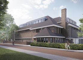 Impressie De Vijverhof Voorburg: renovatie en nieuwbouw kindcentrum, baksteen, kap en groene straat.