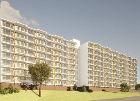 Impressie vernieuwde flat Albert Schweitzer met lange gevel, ritmische balkons en glas — Groot onderhoud Albert Schweitzer Brunssum