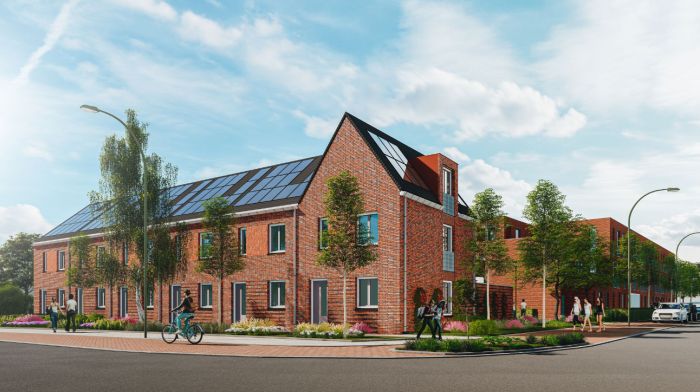 Emmalaan Roermond – impressie van hoekblok rijwoningen in rood baksteen met zonnepanelen en dakkapellen, groene straat met fietsers