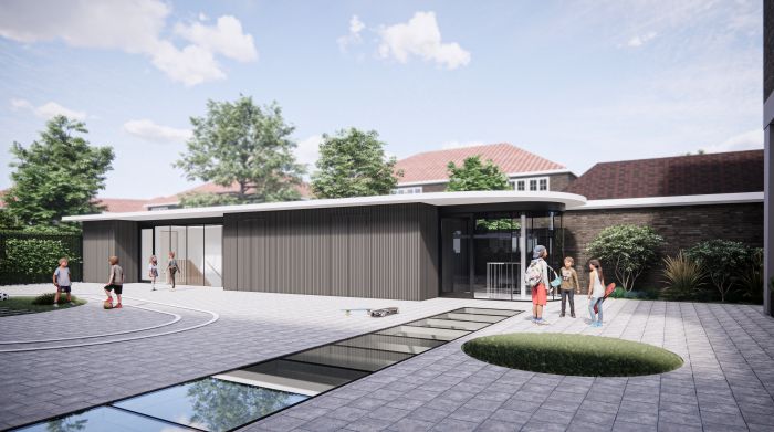 Nieuwbouw Vijverhof Voorburg: paviljoen met afgeronde hoek patio’s met glasstroken en spelende kids.
