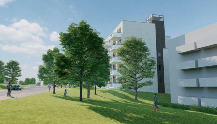 Impressie zijaanzicht nieuwbouw sociale huurappartementen Maastricht-West met lichte balkons langs groene heuvel met bomen en voetgangers.