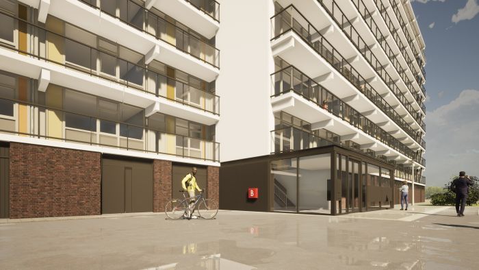 Entreepaviljoen met glas aan voet van flat met doorlopende balkons — Groot onderhoud Albert Schweitzer Brunssum (impressie)