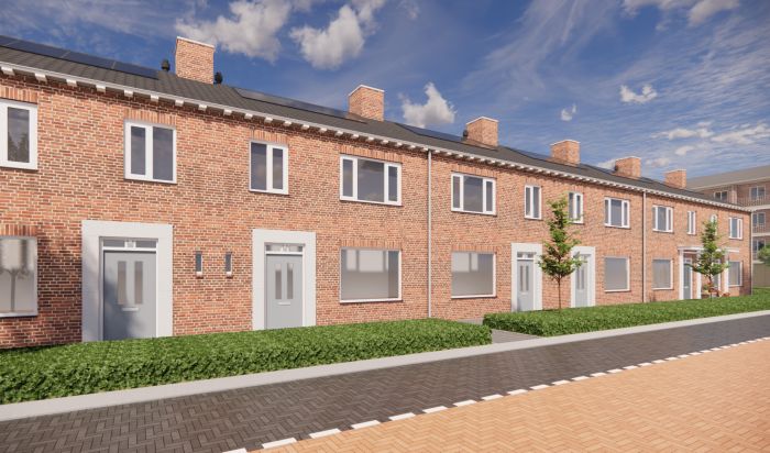 Impressie van een straat nabij het Bernadusplein in Tilburg, met vernieuwde woningen en groen na de uitvoering van het groot onderhoud.