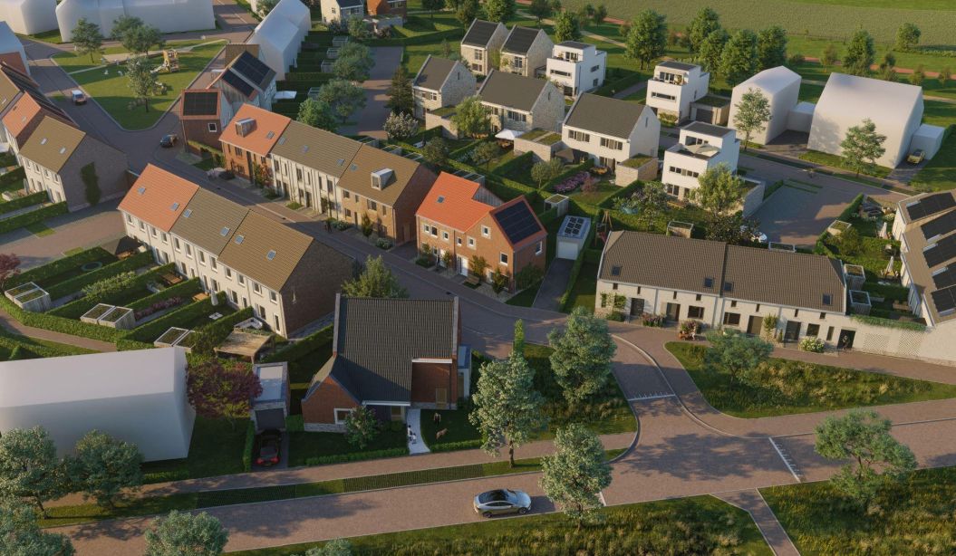 Nieuw Absbroek Geleen – vogelvluchtimpressie van groene woonwijk met rijwoningen en vrijstaande huizen, slingerende straten en zonnepanelen