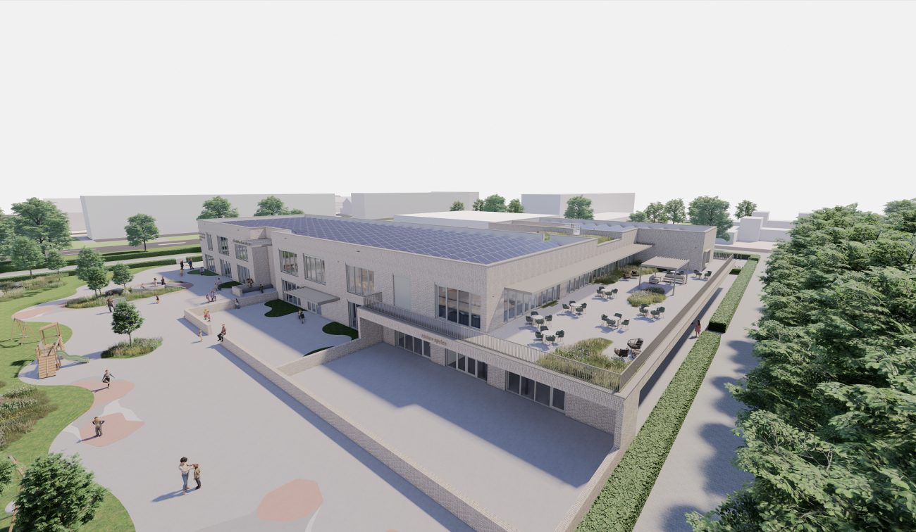 Kernkindcentrum Maastricht-West – impressie van school met groot PV-dak, terrassen en speelplein in groene omgeving