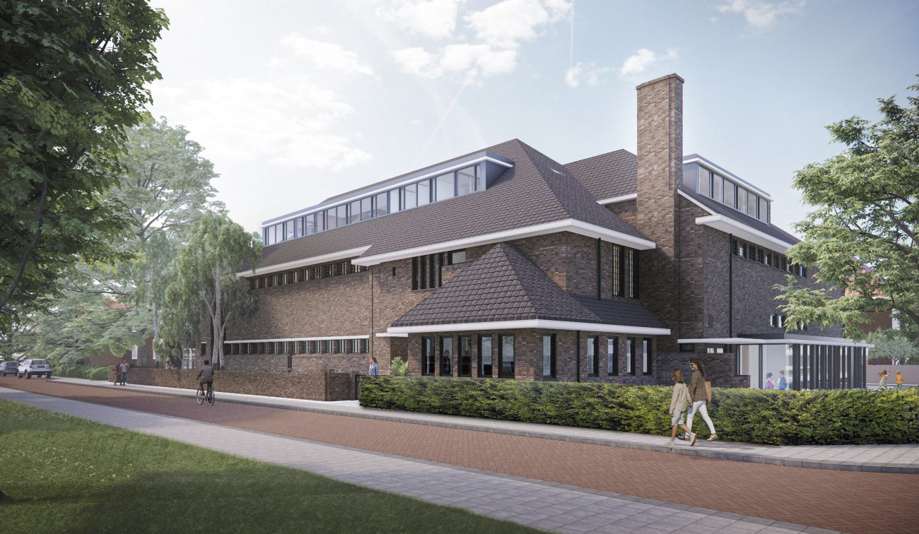 Impressie De Vijverhof Voorburg: renovatie en nieuwbouw kindcentrum, baksteen, kap en groene straat.