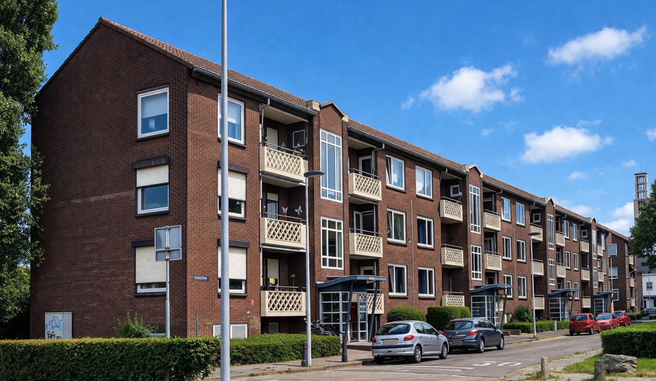 Schuin aanzicht van appartementen in zonnig weer