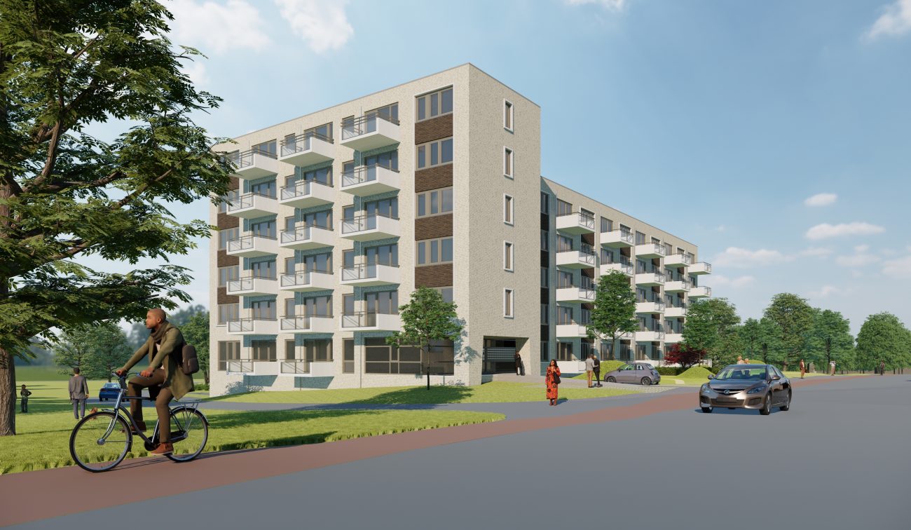 Impressie nieuwbouw sociale huurappartementen Maastricht-West: modern meerlaags woongebouw met lichte gevel en ritmische balkons, gelegen aan een groene straat met fietsers en auto’s.