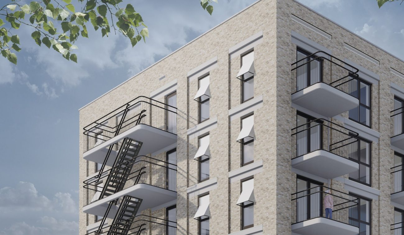 Close-up impressie van een modern appartementengebouw van nieuwbouwproject Kievitshorst in Tilburg, met lichte bakstenen gevel, balkons en een buitentrap.