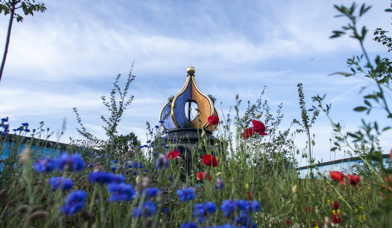 Nieuwbouw Ronald McDonald Kindervallei Valkenburg – gouden en blauwe koepel in Hundertwasser-stijl boven een veld met wilde bloemen