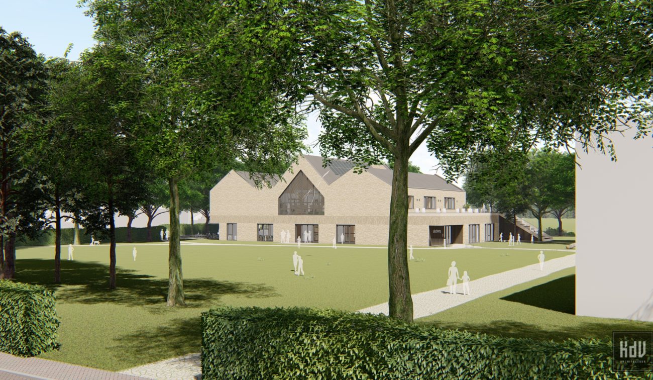 Impressie SKC Berg en Terblijt: modern schoolgebouw in baksteen met veel glas, parkachtig terrein