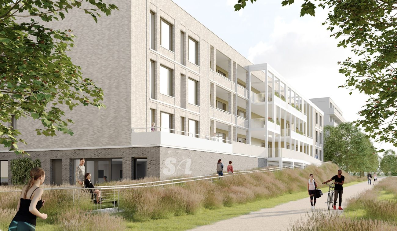 De Baron Bergen op Zoom: lichte bakstenen woonblok met balkons, witte kaders, duinpad mensen buiten.