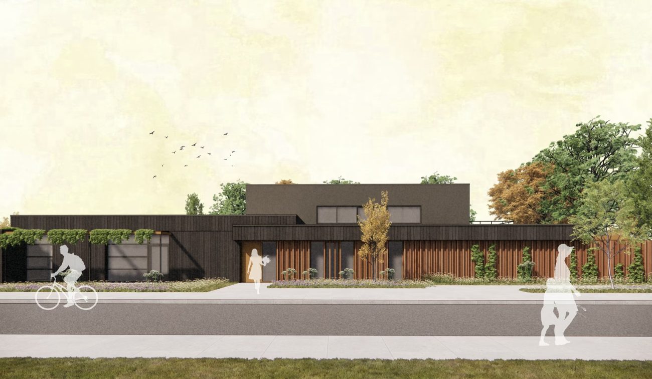 Vooraanzicht impressie van een hospice en logeerhuis met daarvoor silhouetten om de schaal aan te geven