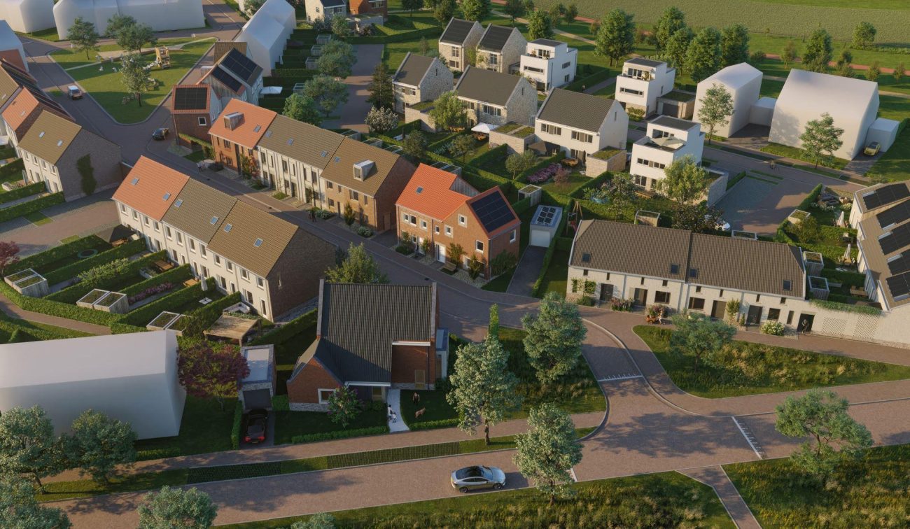 Nieuw Absbroek Geleen – vogelvluchtimpressie van groene woonwijk met rijwoningen en vrijstaande huizen, slingerende straten en zonnepanelen