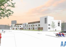 Impressie nieuwbouw van 24 huurappartementen in Heerlen: wit gemetseld woonblok met accenten in hout, pleintje en stoep.