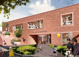 Impressie Kindcentrum Jeroen Bosch Roosendaal: nieuwbouw school, baksteen, trap, entree en spelende kinderen