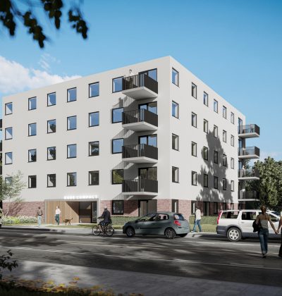 Impressie nieuwbouw Noorderkroon Brunssum – modern vijflaags appartementengebouw met witte gevel, straatzijde met uitkragende balkons, bomen en passerend verkeer