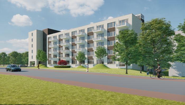 Impressie nieuwbouw sociale huurappartementen Maastricht-West met lichte gevel en ritmische balkons langs een groene laan met fietsers.