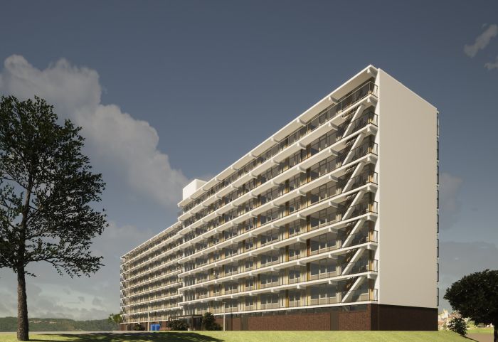 Impressie galerijflat met lange ritmische balkonlagen en transparante balustrades — Groot onderhoud Albert Schweitzer Brunssum