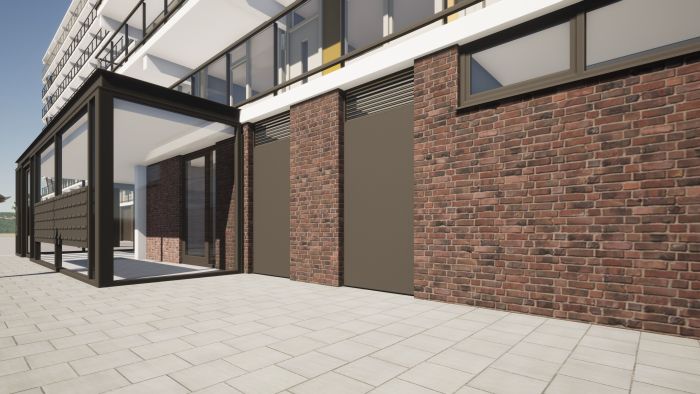 Impressie nieuwe plint met bakstenen gevel, glazen entree-overkapping en tegelverharding — Groot onderhoud Albert Schweitzer Brunssum