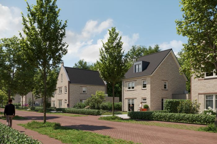 Impressie van nieuwbouwwoningen aan groene, boomrijke laan in Bosrijk Mariendaal, Velp.