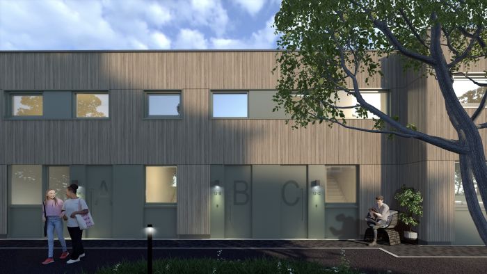 Impressie van een modern woongebouw met houten gevel en grote ramen, met twee mensen in gesprek en iemand zittend op een bank onder een boom.