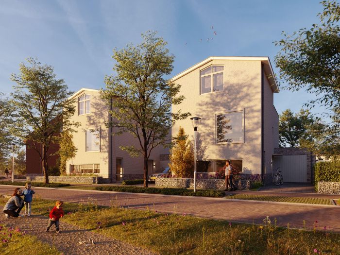 Nieuw Absbroek Geleen – impressie van twee moderne licht-bakstenen woningen met grote ramen, aangebouwde garage en groene straat met bomen