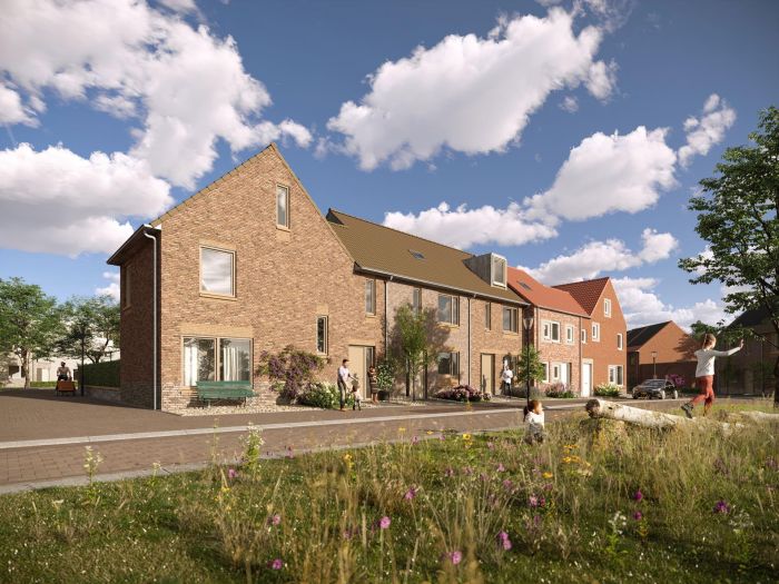 Nieuw Absbroek Geleen – impressie van bakstenen rijwoningen met variërende gevels en daken, hoekwoning met topgevel; spelende kinderen en groenstrook