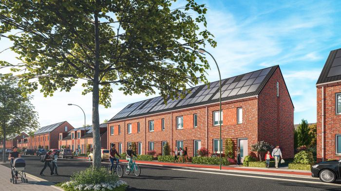 Nieuwbouw Bredeweg Roermond – impressie van rijwoningen in rood baksteen met zonnepanelen, straatbeeld met fietsers en voetgangers