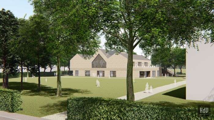 Impressie SKC Berg en Terblijt: modern schoolgebouw in baksteen met veel glas, parkachtig terrein