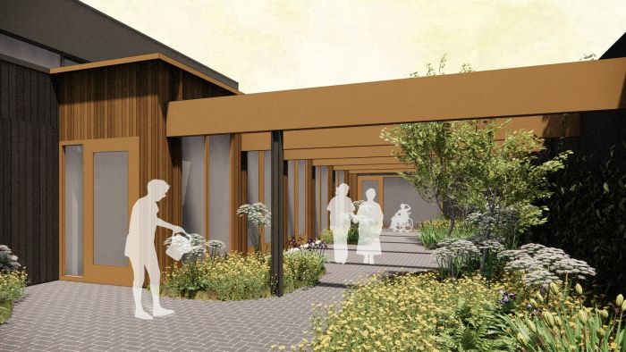 Impressie van een patio in een hospice met daarvoor silhouetten om de schaal aan te geven