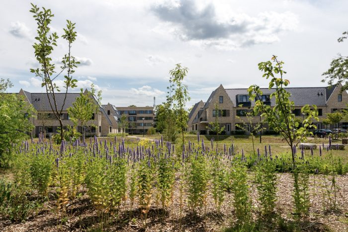 Groen veld met het nieuwbouwcomplex van de Grote Zeeheldenbuurt in Vught op de achtergrond, onderdeel van de nieuwe woonomgeving.