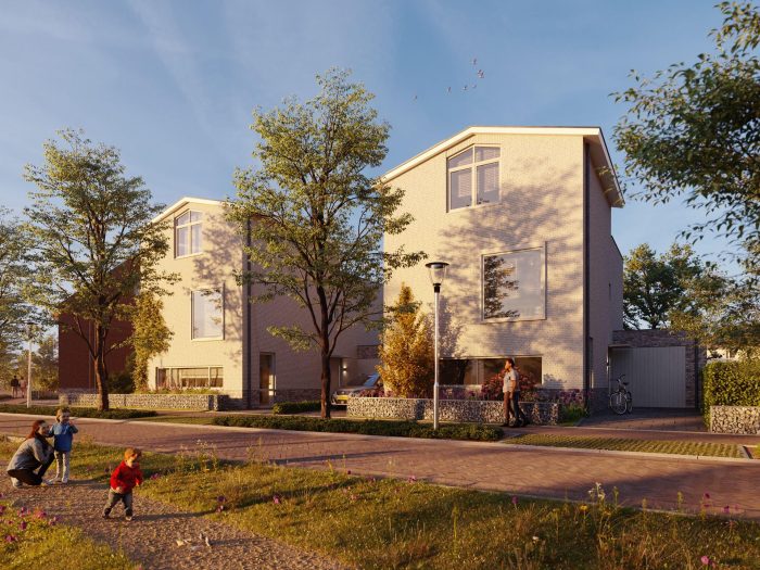Nieuw Absbroek Geleen – impressie van twee moderne licht-bakstenen woningen met grote ramen, aangebouwde garage en groene straat met bomen
